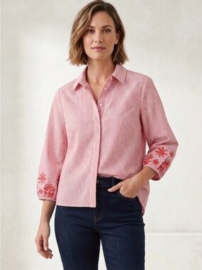 NWOT Vision 155 Button Down with sleeve detail Red/Coral white Size 10